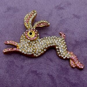 Sparkling Rabbit Brooch with Pink and White Crystals